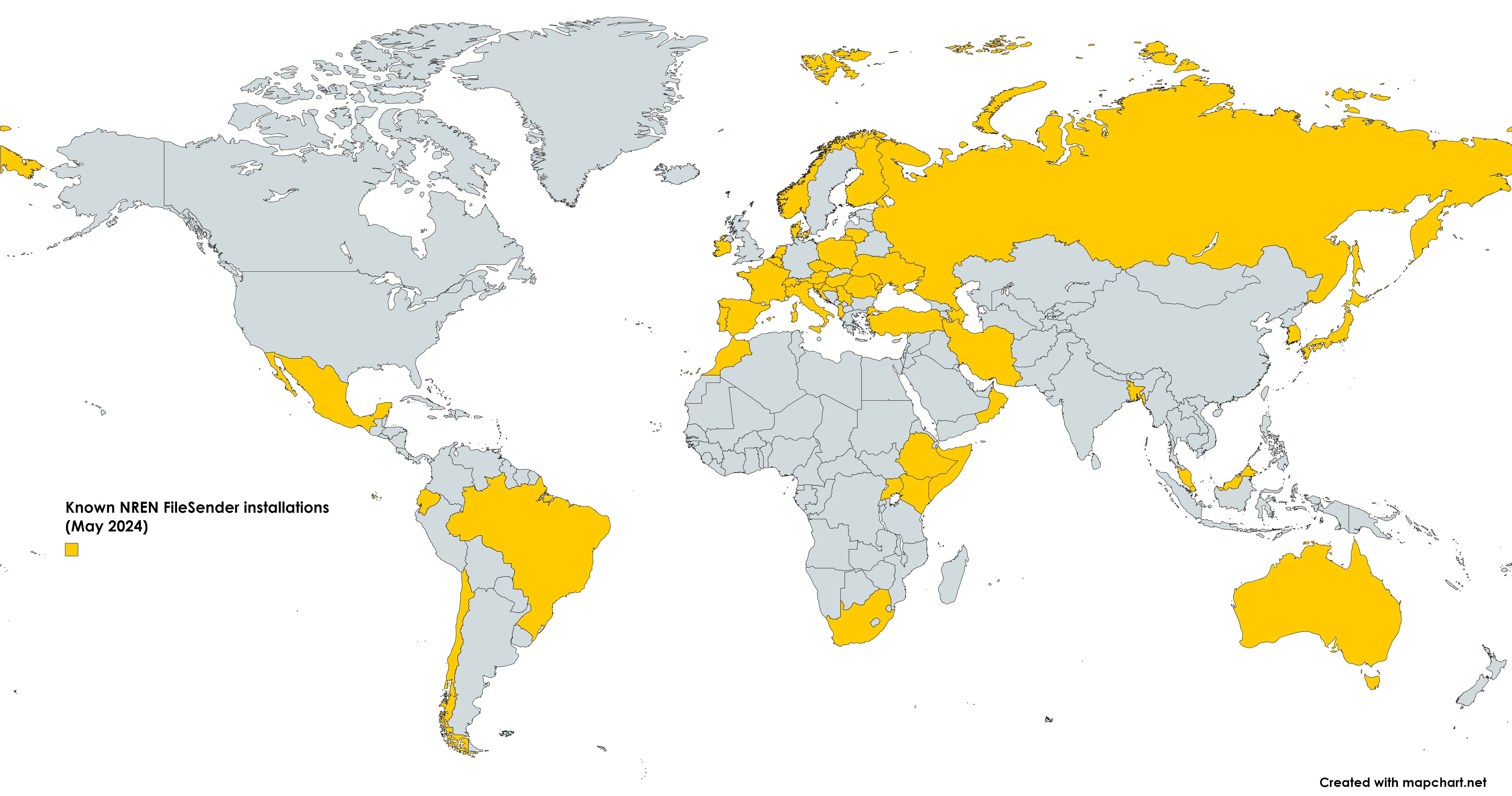 Known NREN FileSender installations in the world (May 2024)